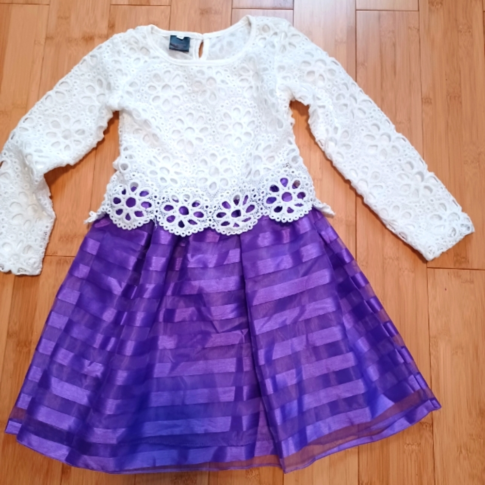 Purple & White Crochet Knit Girl Dress 6-7